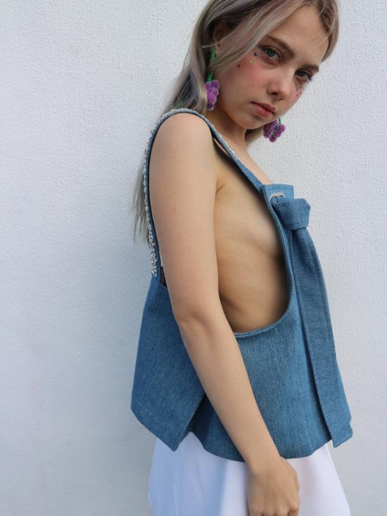  콜리나 스트라다 민소매 티셔츠 라인스톤 오버롤 탱크탑 블루 데님 - COLLINA STRADA