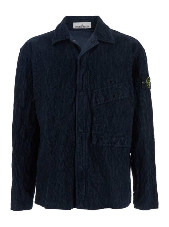 스톤 아일랜드 긴팔 셔츠 클래식 칼라 벨벳  (로고 패치 포함) 블루