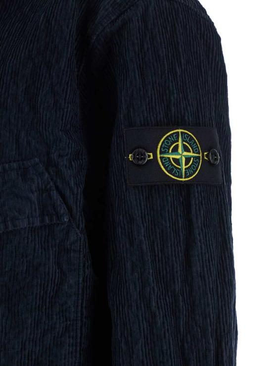  스톤 아일랜드 긴팔 셔츠 클래식 칼라 벨벳  (로고 패치 포함) 블루 - STONE ISLAND