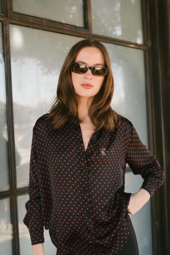  Whimsy + Row 긴팔 티셔츠 윔지 + 로우 데니스 탑 레드 폴카 도트