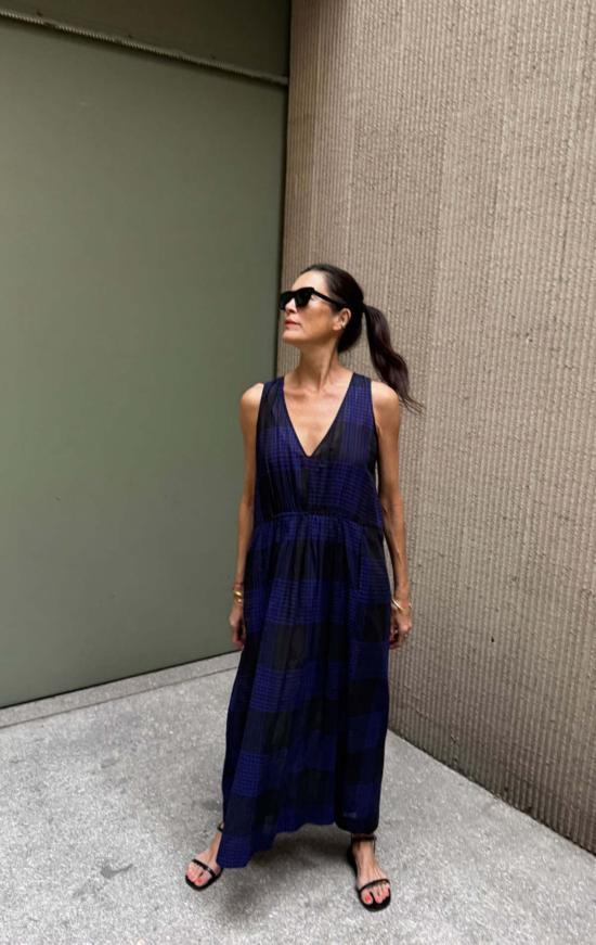  투 롱 원피스 플래드 포켓 드레스 블랙/일렉트릭 블루 - TWO