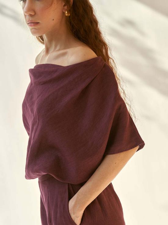  이키비 블라우스 와인 카울 세트 코디 세트 레드 - IKKIVI