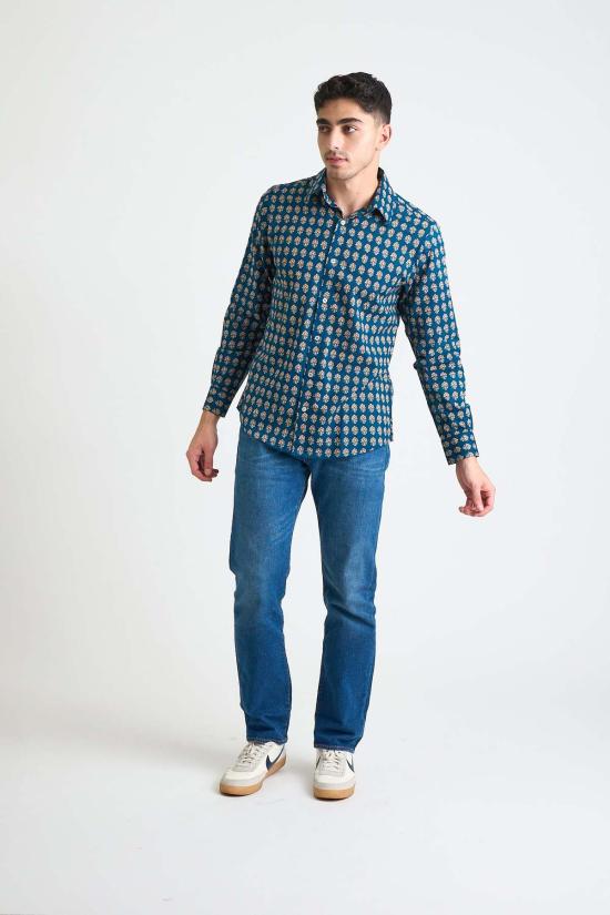  DUSHYANT. 긴팔 셔츠 두샨트. 핸드 프린팅 '아미르' 긴팔  (블루/레드 모티브) - DUSHYANT