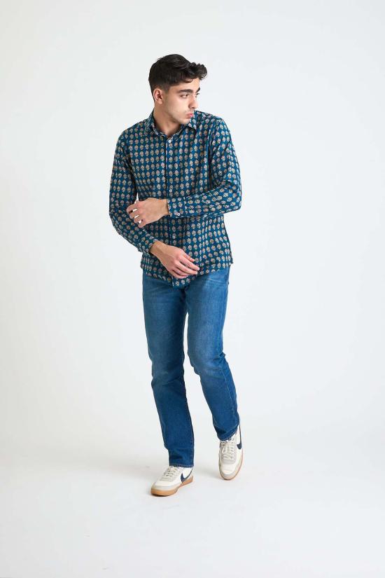  DUSHYANT. 긴팔 셔츠 두샨트. 핸드 프린팅 '아미르' 긴팔  (블루/레드 모티브) - DUSHYANT