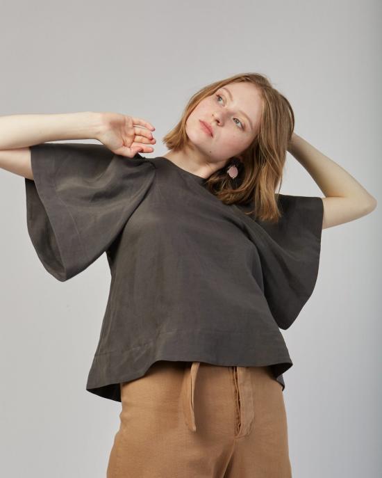  레이첼 코미 반팔 티셔츠 라빈 실크 린넨 탑 차콜 - RACHEL COMEY