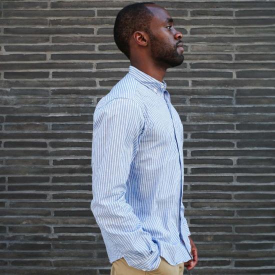  Steven Alan 긴팔 셔츠 스티븐 앨런 싱글 니들  퍼시픽 블루 스트라이프 - STEVEN ALAN