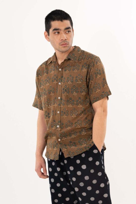  DUSHYANT. 반팔 셔츠 두샨트. 포크 반팔  올리브 앤 블루 리프 - DUSHYANT