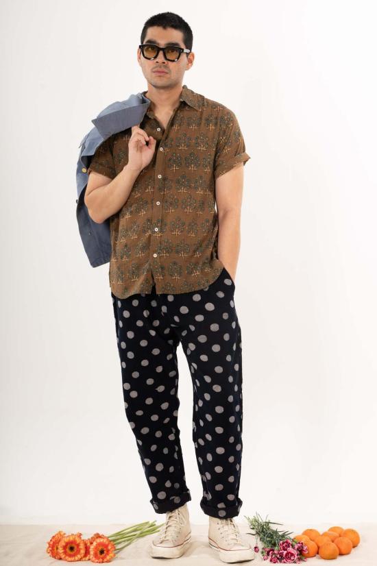  DUSHYANT. 반팔 셔츠 두샨트. 포크 반팔  올리브 앤 블루 리프 - DUSHYANT