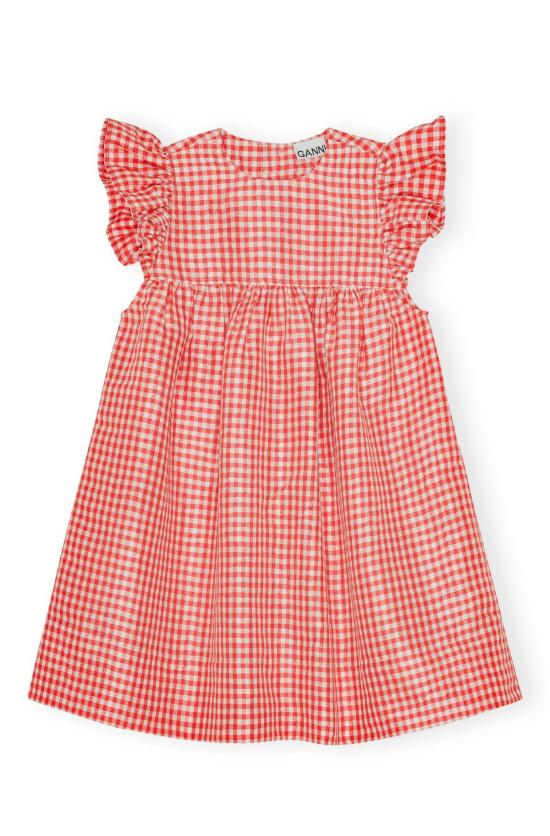  가니 숏 원피스 크링클드 태피터 체크 프릴 미니 드레스 레드 얼럿 - GANNI