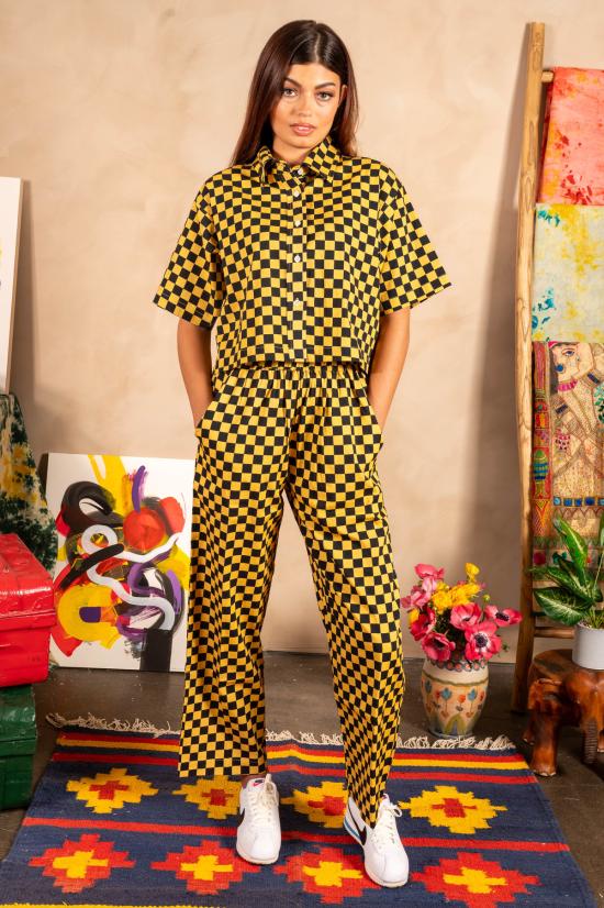  DUSHYANT. 셔츠 두샨트. 핸드 프린팅 캐미 크롭 셔츠 옐로우/블랙 체크 - DUSHYANT