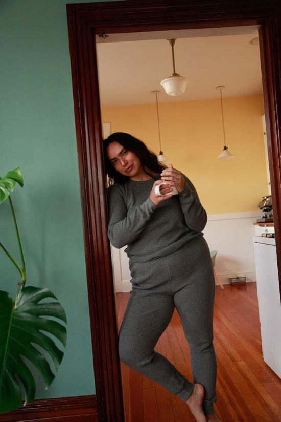  노블 긴팔 티셔츠 와플 탑 헤더 그레이 - NOBLE