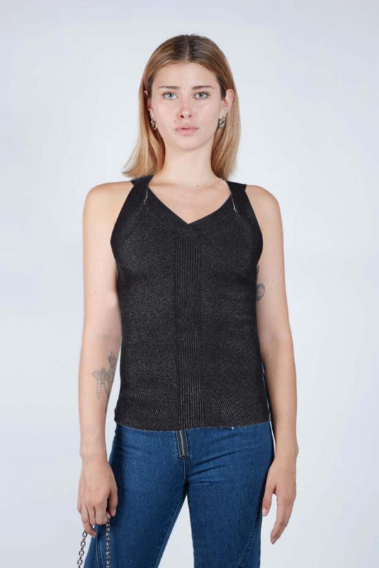  팡 뉴욕 민소매 티셔츠 팡 NYC 트래블링 립 트위스트 스트랩 탑 블랙/화이트