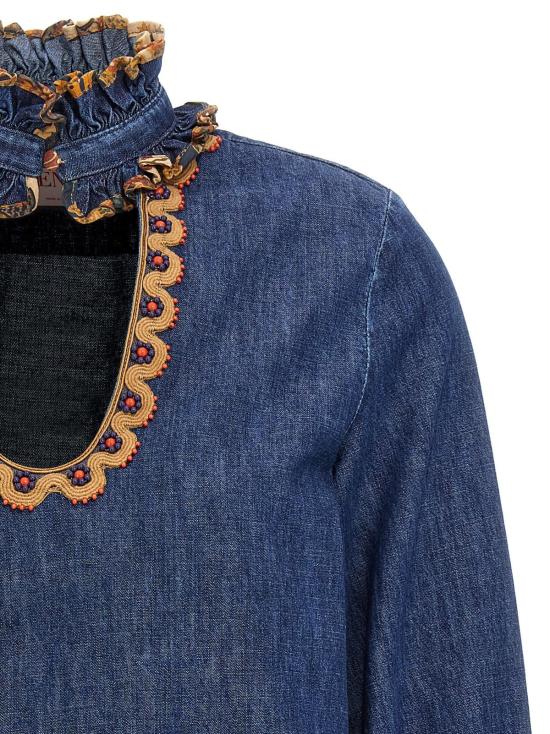  발렌티노 가라바니 블라우스 샴브레이 데님 자수 탑 미디엄 블루 데님 - VALENTINO GARAVANI