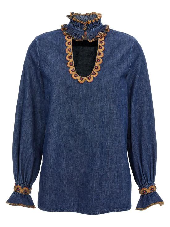  발렌티노 가라바니 블라우스 샴브레이 데님 자수 탑 미디엄 블루 데님