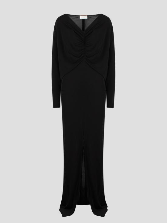  생로랑 롱 원피스 생 로랑 드레이프 저지 드레스 블랙