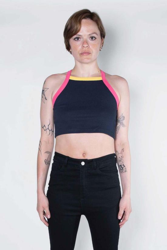  팽 민소매 티셔츠 팡 에센셜 골지 스퀘어넥 크롭탑 네이비