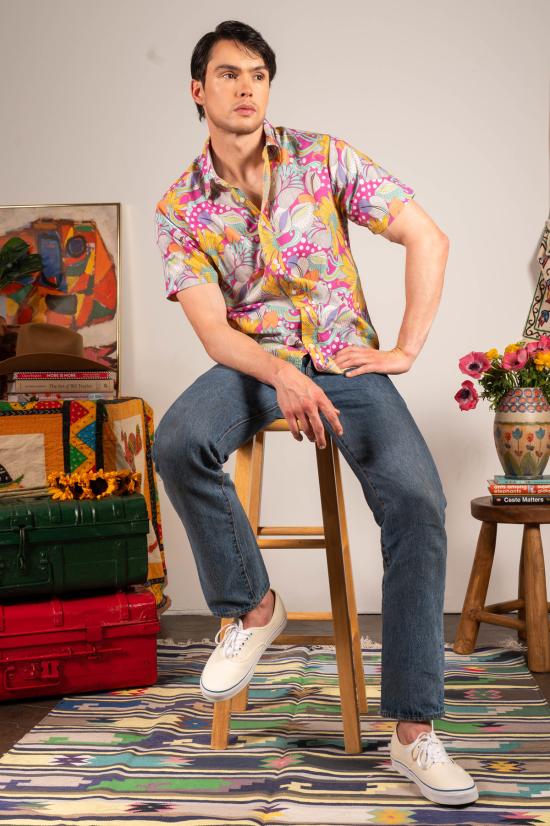  DUSHYANT. 반팔 셔츠 두샨트. 셰릴 라이트 핑크/옐로우/화이트 라 브레아 반팔  플로럴 프린트 - OTHER BRANDS