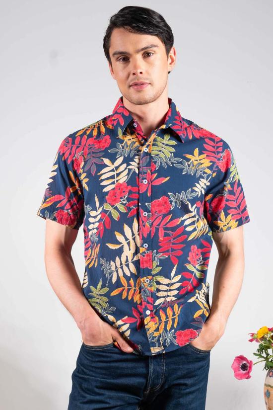  DUSHYANT. 반팔 셔츠 두샨트. 핸드 프린팅 프랫 반팔  로얄 블루 플로럴 프린트 - DUSHYANT