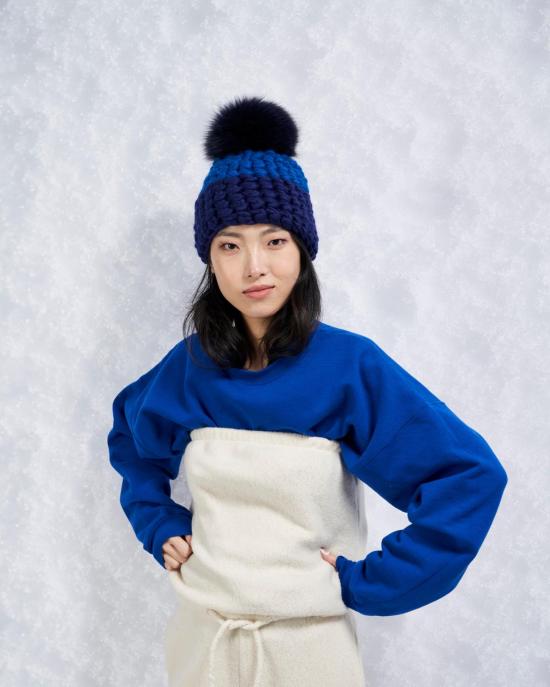  미샤램퍼트 모자 미샤 램퍼트 블루 | 코발트 비니 컬러 블록 + 블랙 XL 폼폼 비니