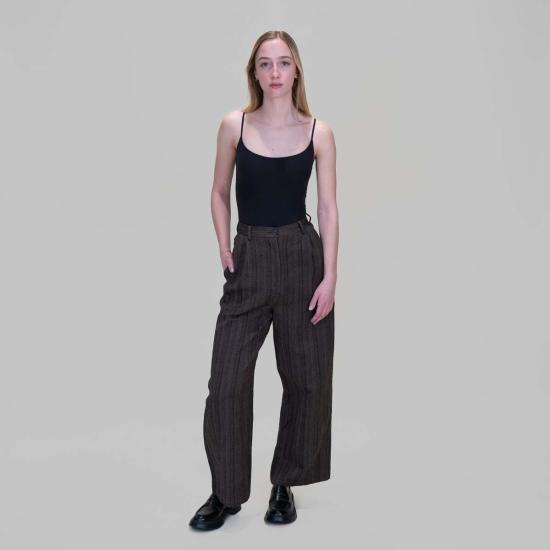  다웨이 스트레이트 팬츠 와이드레그 하이웨이스트 팬츠 오크 스트라이프 - DAWEI