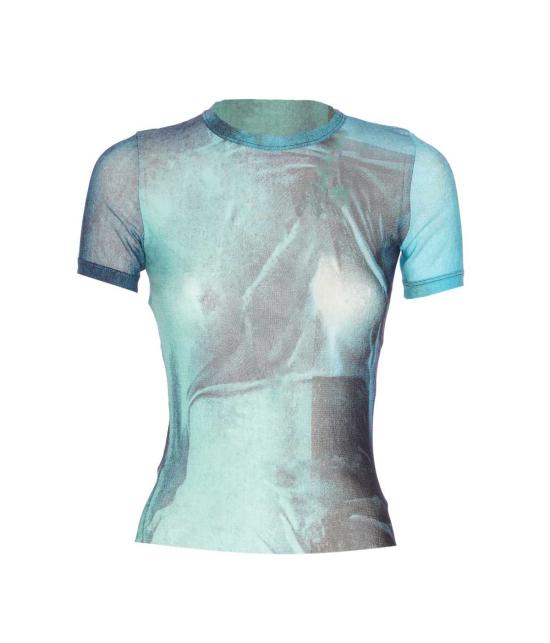  장 폴 고티에 반팔 티셔츠 메쉬 베이비 티셔츠 워터 프린트 블루