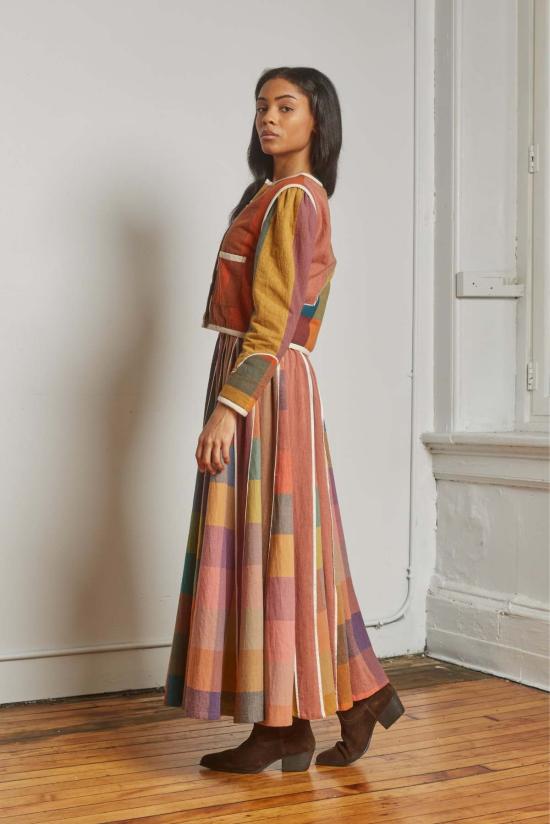  RUJUTA SHETH 롱 스커트 루주타 셰스 케이트  컨페티 체크 X 스트라이프 - OTHER BRANDS