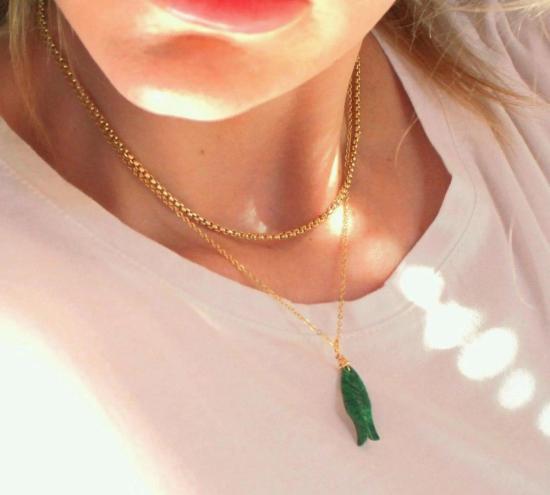  릴라노 목걸이/팬던트 Leelanau Goods 말라카이트 원석 물고기 펜던트 목걸이 (녹색) - LEELANAU