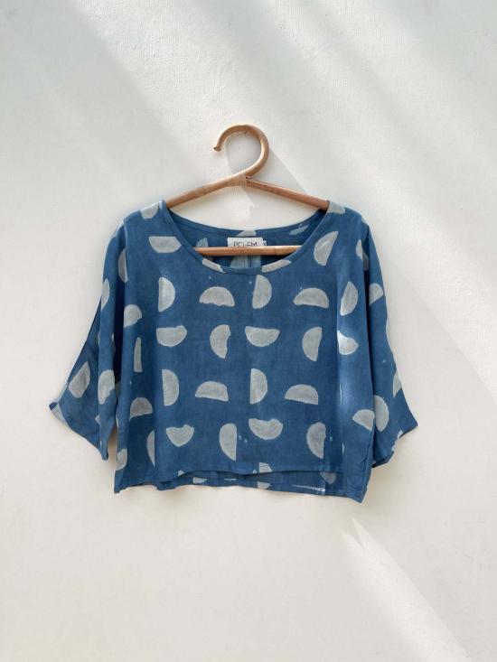  PO-EM 블라우스 포 엠 인디고 블록 프린트 실키 메이커 탑