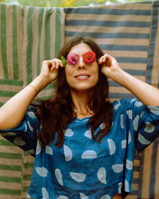  PO-EM 블라우스 포 엠 인디고 블록 프린트 실키 메이커 탑 - OTHER BRANDS