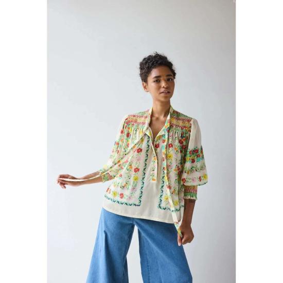  호프 포 플라워스 바이 트레이시 리스 긴팔 티셔츠 Hope For Flowers by Tracy Reece 스모크 타이넥 탑 커스터드 플로럴