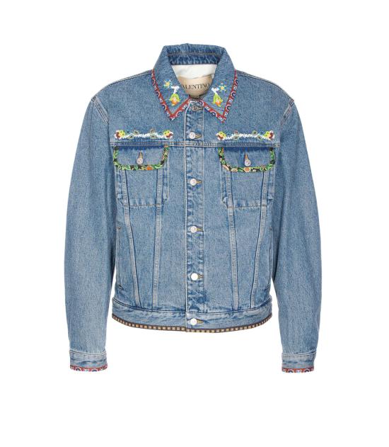  발렌티노 가라바니 데님 자켓 비즈 자수 및 프린트 가장자리 데님 재킷 (블루)