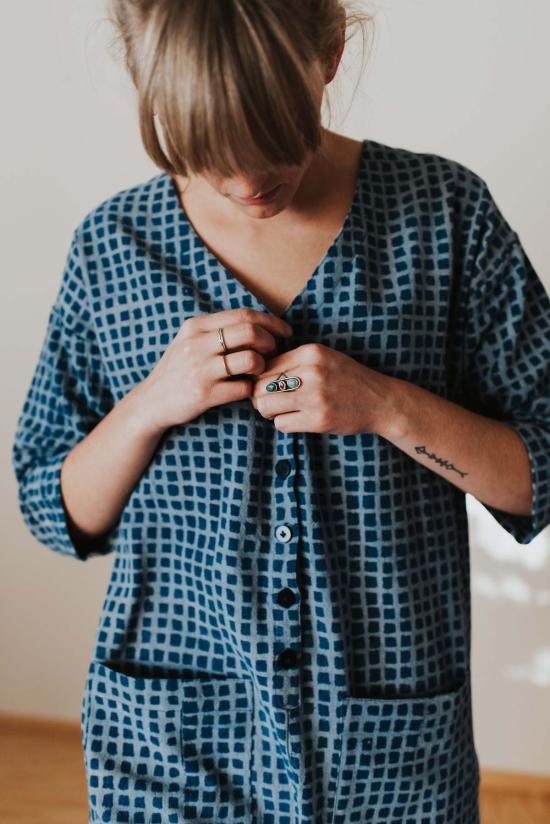  해피 프렌치 갱 점프수트 체크 인디고