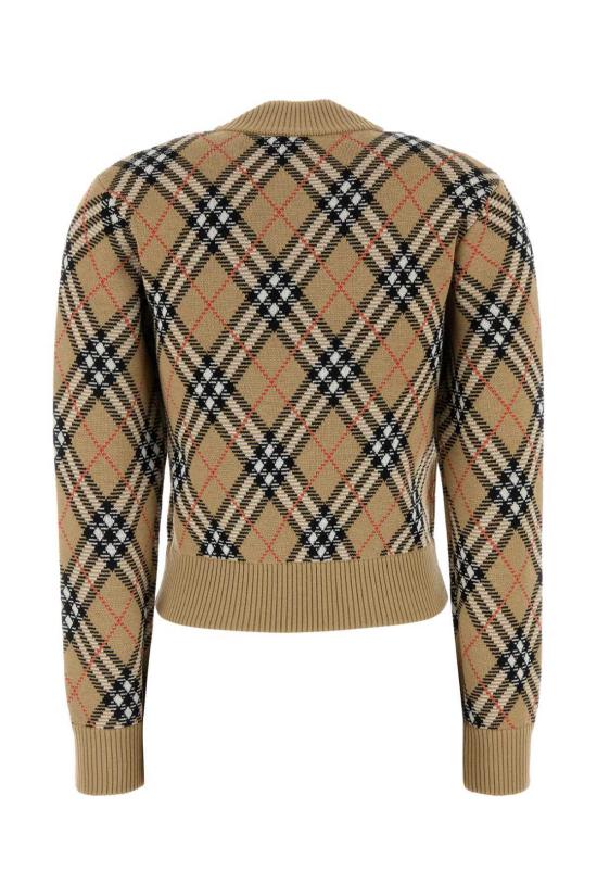  버버리 가디건 자수 울 블렌드  샌드앤딥체크 - BURBERRY