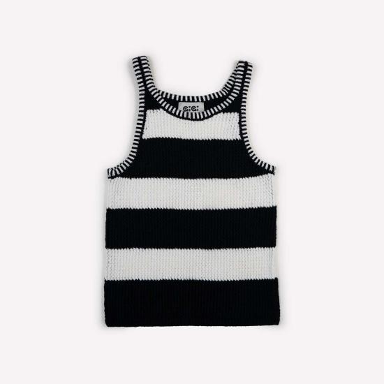  지지 니트웨어 민소매 티셔츠 메쉬 코튼 탱크탑 블랙 앤 화이트 스트라이프 - GIGI KNITWEAR