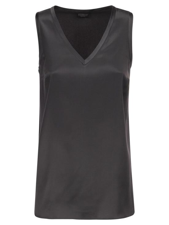  브루넬로 쿠치넬리 블라우스 스트레치 실크 새틴 탑 차콜