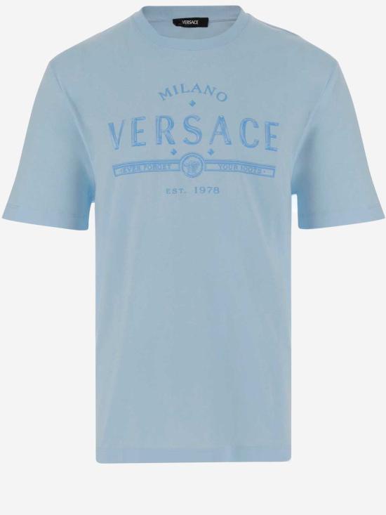  베르사체 반팔 티셔츠 로고 코튼 티셔츠 (투명 블루)