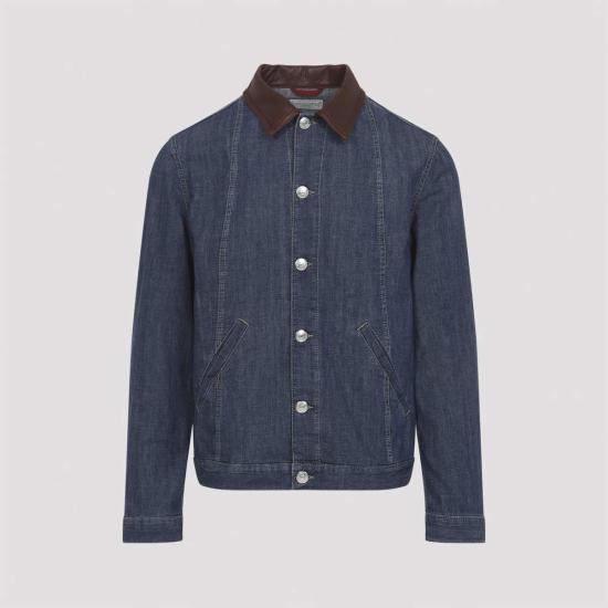  브루넬로 쿠치넬리 데님 자켓 가죽 칼라 재킷 데님 - BRUNELLO CUCINELLI