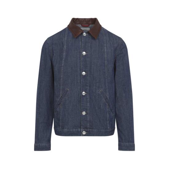  브루넬로 쿠치넬리 데님 자켓 가죽 칼라 재킷 데님 - BRUNELLO CUCINELLI