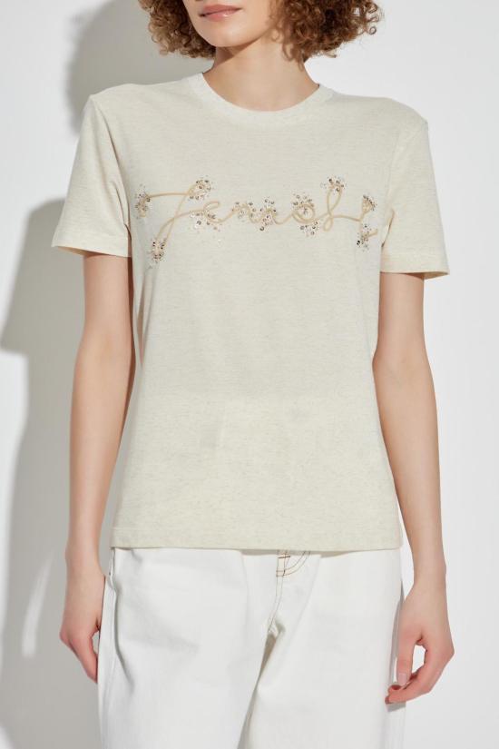  펜디 반팔 티셔츠 쉬머링 아플리케 베이지  티셔츠 - FENDI