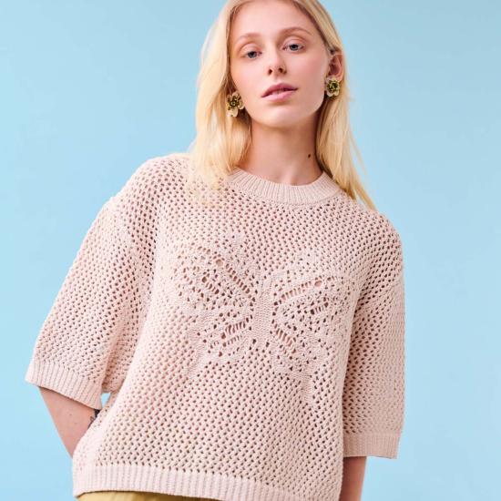  지지 니트웨어 반팔 티셔츠 버터플라이 코튼 니트 티셔츠