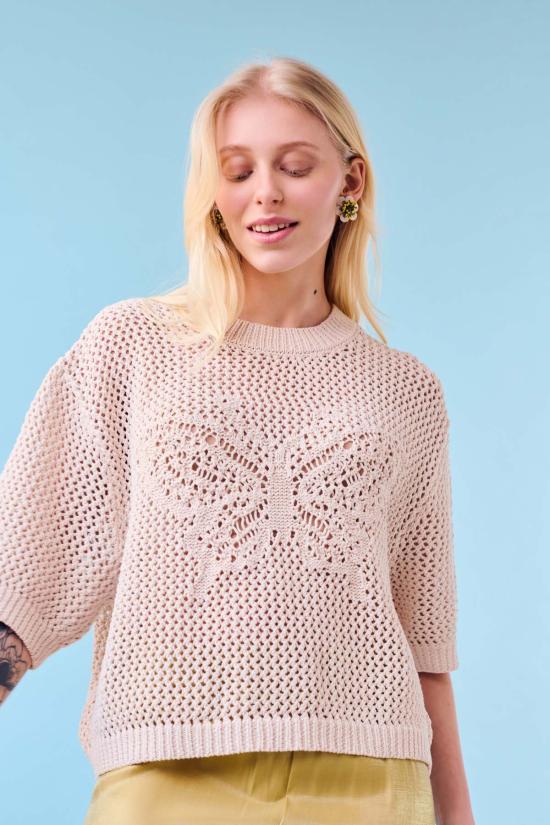  지지 니트웨어 반팔 티셔츠 버터플라이 코튼 니트 티셔츠 - GIGI KNITWEAR