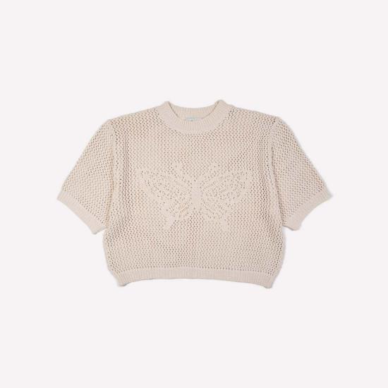  지지 니트웨어 반팔 티셔츠 버터플라이 코튼 니트 티셔츠 - GIGI KNITWEAR