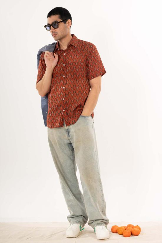  DUSHYANT. 반팔 셔츠 두샨트. 포크 반팔 셔츠 오렌지색과 파란색 - OTHER BRANDS