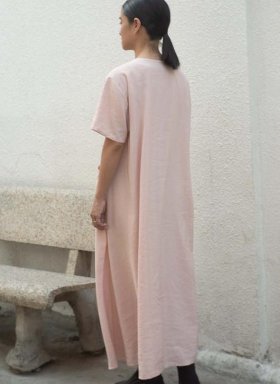  카렘 롱 원피스 Kaarem 망고 반팔 V 포켓 드레스 핑크 로즈 - KAAREM