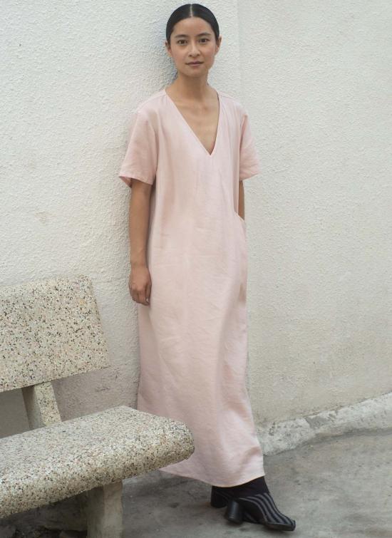  카렘 롱 원피스 Kaarem 망고 반팔 V 포켓 드레스 핑크 로즈