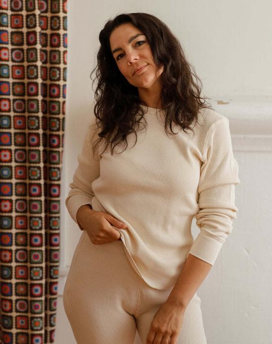  노블 긴팔 티셔츠 성인용 유기농 와플 탑 오트밀 - NOBLE