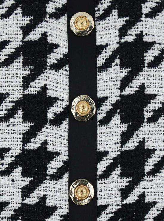  발망 숏 원피스 홀터넥 미니 드레스, 하운드투스 패턴, 트위드 및 새틴 소재, 블랙/화이트 - BALMAIN