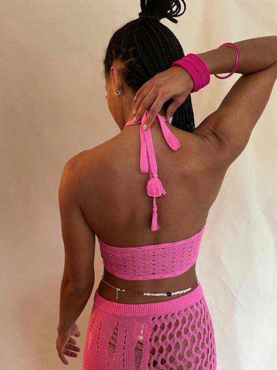  아바카시 민소매 티셔츠 니트 오픈워크 홀터 탑 - ABACAXI