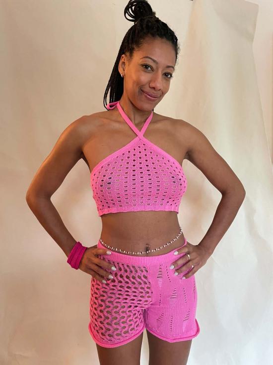  아바카시 민소매 티셔츠 니트 오픈워크 홀터 탑 - ABACAXI