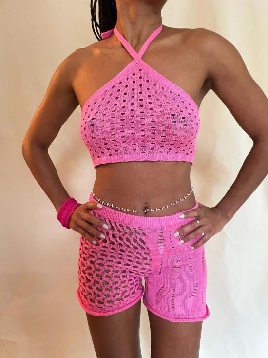  아바카시 민소매 티셔츠 니트 오픈워크 홀터 탑